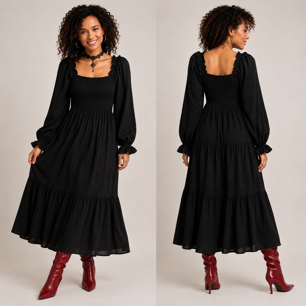 August Sky Smocked Maxi Dress S Black Long Sleeve Square Neck Cottagecore‎ Boho